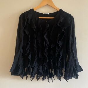 Georges Rech 100% silk black ruffle blouse sheer boho fairy bell sleeve top